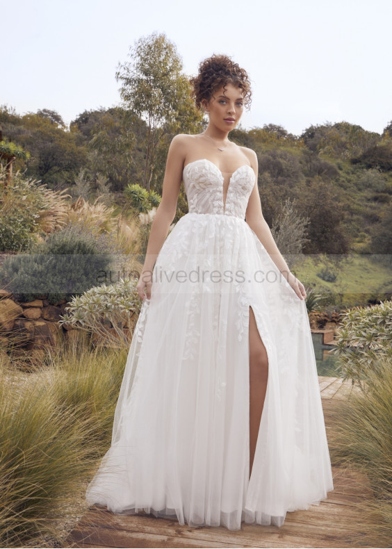 Strapless Ivory Lace Tulle Slit Classic Wedding Dress